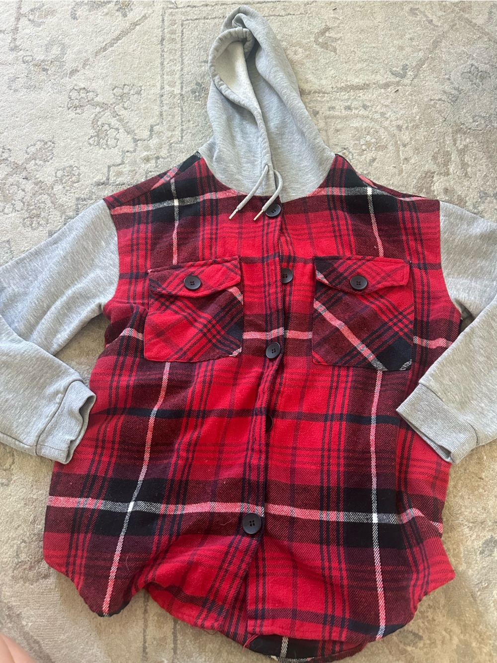 Ultra Flirt Red Plaid Hooded Button-Up with Gray Sleeves